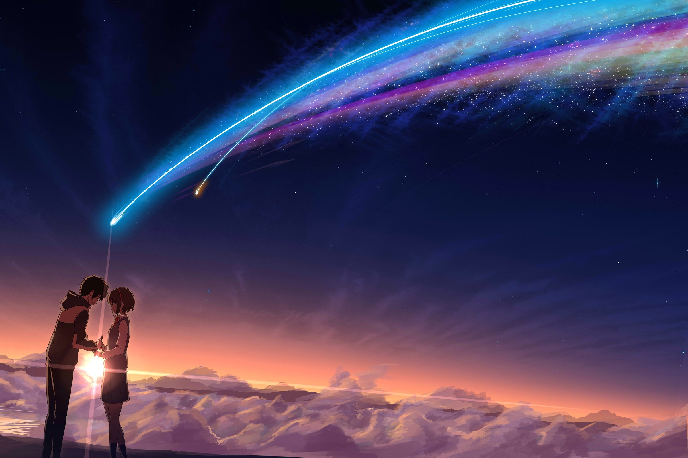 《你的名字》云海星空与彗星划过的插画背景